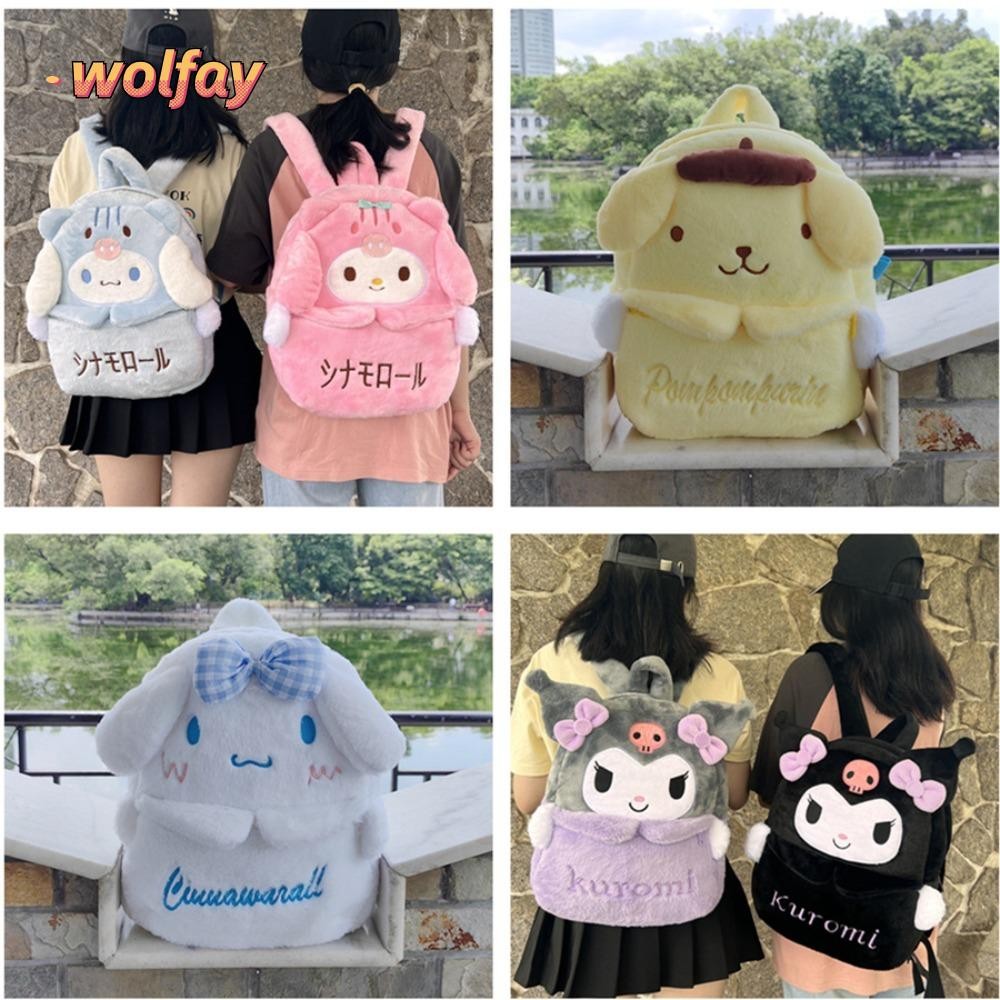 Wolfay Rucksack, กระเป๋าสะพาย Plush Kuromi, Kawaii Cinnamoroll Melody Sanrio กระเป๋าถือขนยาวความจุขนาดใหญ่หญิง
