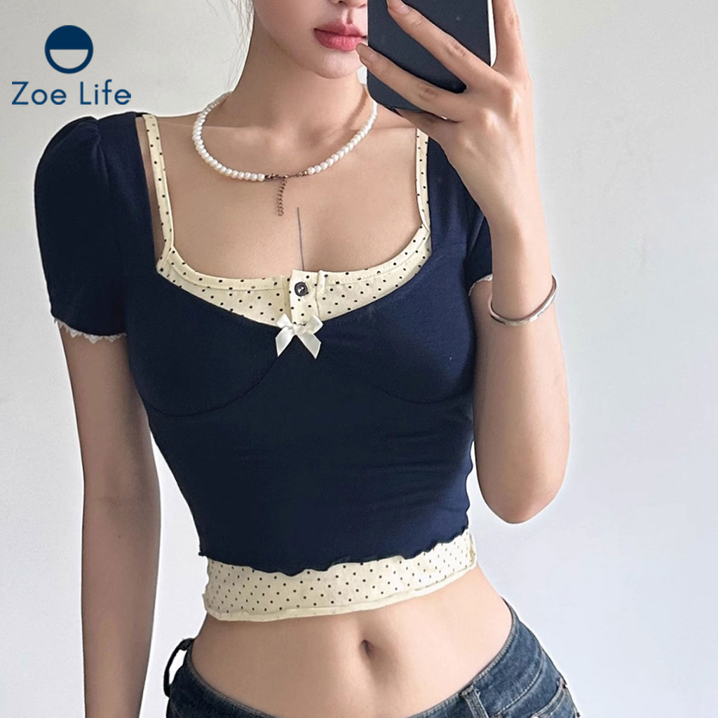 เสื้อยืดสไตล์วินเทจ สายเดี่ยว สีสันตัดกัน พร้อมดีไซน์ลายจุด