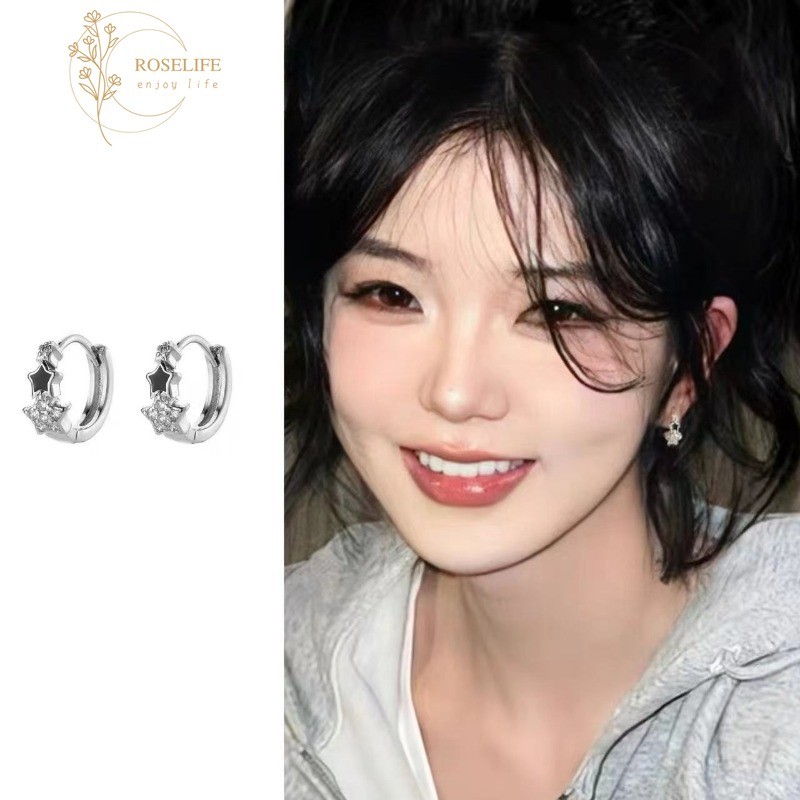 Roselife S925 เงินที่ละเอียดอ่อน Elegant Shining คริสตัล Star Unisex รอบ Hoop ต่างหูสําหรับผู้ชายผู้หญิง Pop Party Street วงกลมหูเครื่องประดับทุกวันอุปกรณ์เสริมของขวัญ