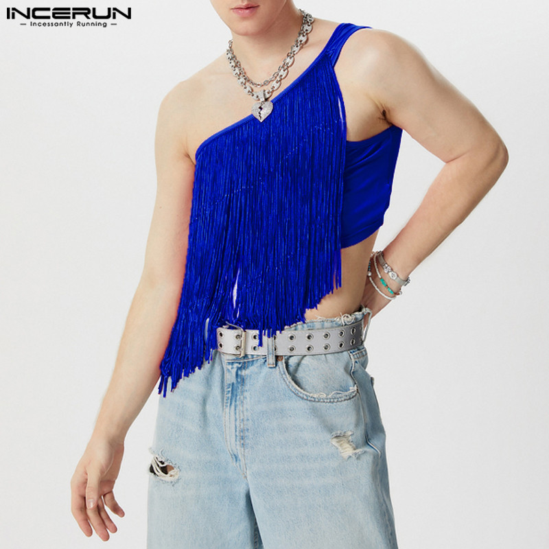 Incerun Men Vintage Daily Casual Slant ไหล่พู่ Cutoff Design Tanks