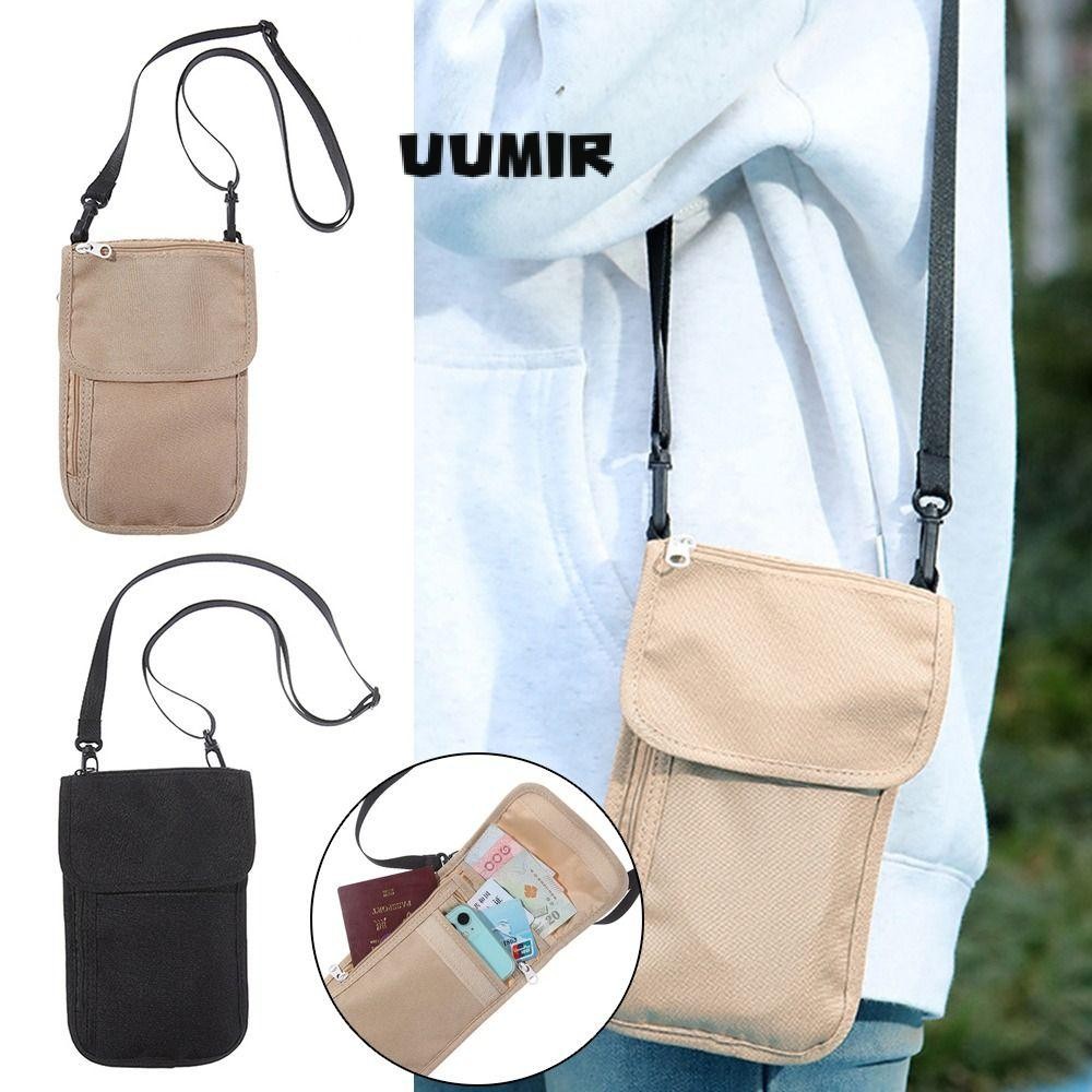 UUMIR กระเป๋าใส่หนังสือเดินทางแบบแขวน, กระเป๋าใส่ใบรับรองส่วนบุคคลของ คายกี้ ไนลอนสีดํา, ถุงเก็บบัตรอุปกรณ์การเดินทางมัลติฟัง