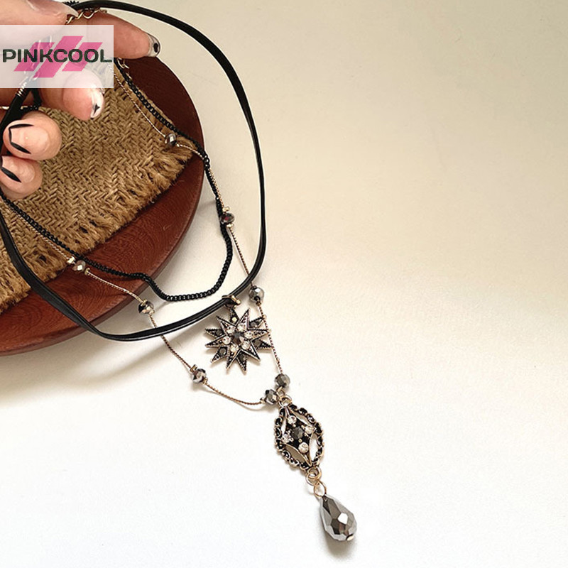 Pinkcool Vintage Layered Strap Multi Layeredสร้อยคอผู้หญิงBohemianคริสตัลยาวจี้เครื่องประดับของขวัญร้อน