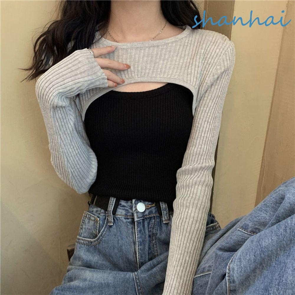Shanhai O-คอถักเสื้อยืด, Harajuku บางถักแขนยาว Crop Top, Punk สีทึบ Streetwear Slim Cropped เสื้อกันหนาว Pullovers Streetwear