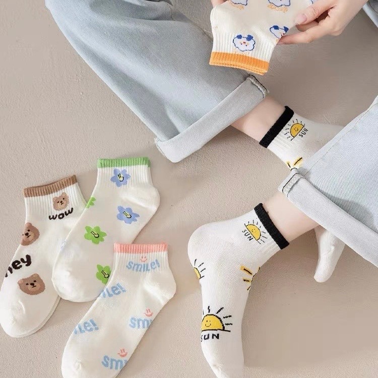 JH SHOP ถุงเท้าข้อสั้น (5ลาย/10คู่) ถุงเท้าแฟชั่นเกาหลี เนื้อผ้านุ่มงานถักอย่างดี ลายSUN NO.B74