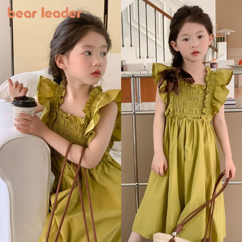 หมีผู้นําฤดูร้อนบินแขนเด็กสาวชุดเวอร์ชั่นเกาหลีสีทึบยืดหยุ่นการบีบอัดจีบเสื้อผ้าสบายๆ3ถึง7ปีเด็กชุดใหม่