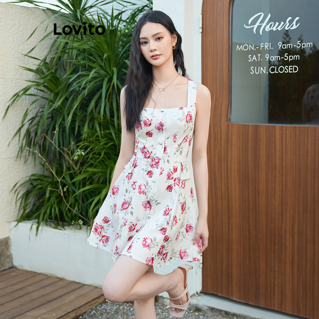 Lovito ชุดเดรสกระดุมลายดอกไม้ ดิทซี่ หรูหราสำหรับผู้หญิง L99ED282