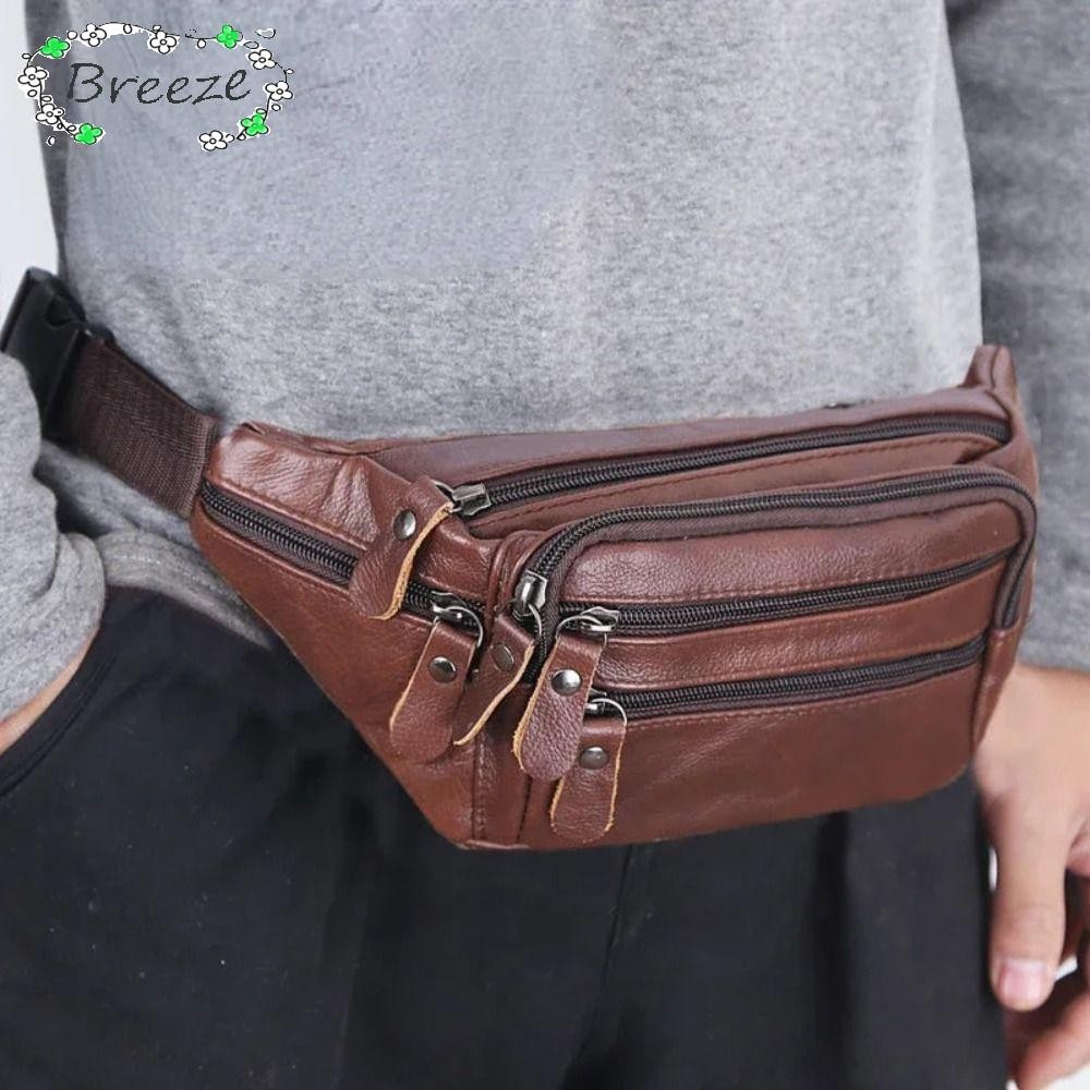 Breeze กระเป๋าคาดเอวผู้ชาย, กระเป๋าใส่โทรศัพท์สําหรับเดินทางหลายชั้นกันน้ํา, กระเป๋าคาดเอวหนัง PU มีซิปความจุขนาดใหญ่