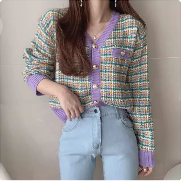 เกาหลี เกาหลีลดอายุคอวีเข็มหนาหลวมแขนยาวถักคาร์ดิแกนเสื้อกันหนาวสั้นสไตล์ชาแนลแจ็คเก็ตผู้หญิงฤดูใบไม้ผลิฤดูใบไม้ร่วง เซกิกวน มิงค์