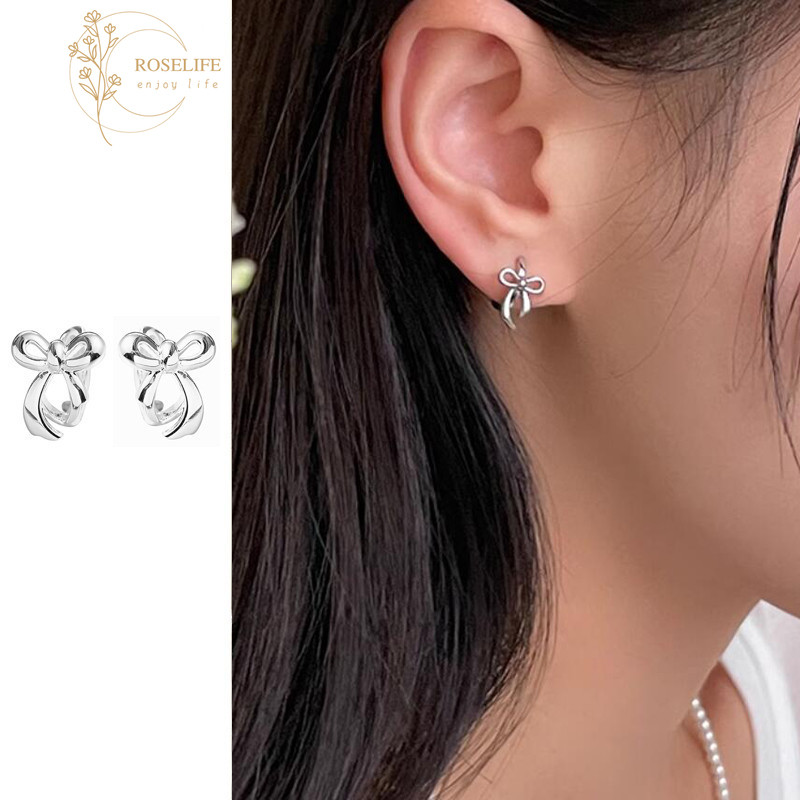 โรสไลฟ์ เกาหลี ส925 เงินริบบิ้นโบว์ต่างหูห่วงสําหรับผู้หญิงสาวสวมใส่ทุกวันกุทัณฑ์รอบหูเครื่องประดับอุปกรณ์เสริม