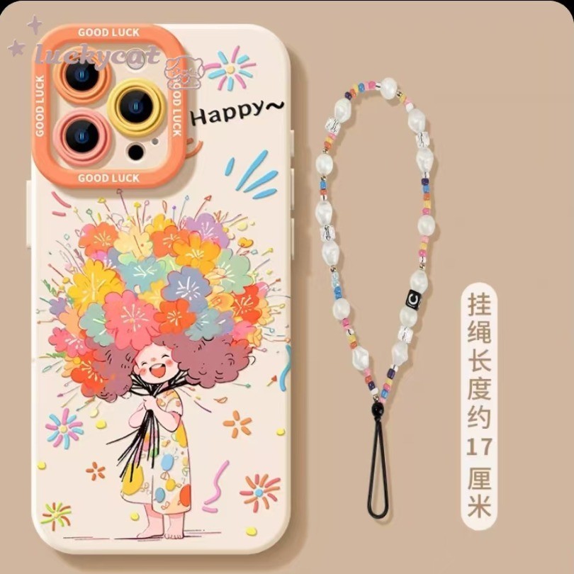 Iphone 15 14 13 12 11 Pro Max X Xr Xs Max 7 8 Plus SE2020 เคสโทรศัพท์ที่โดดเด่น Graffiti ผม Blossoming หัวเราะสาวน่ารัก + Lanyard ฝาหลังนุ่ม