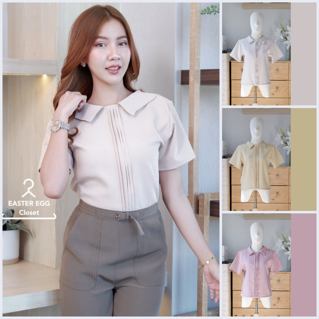 C22 ✂️ เสื้อคอปกแขนสั้น ชุดทำงานผู้หญิง ตีเทลตีเกล็ดหน้า สไตล์มินิมอล Easter Egg