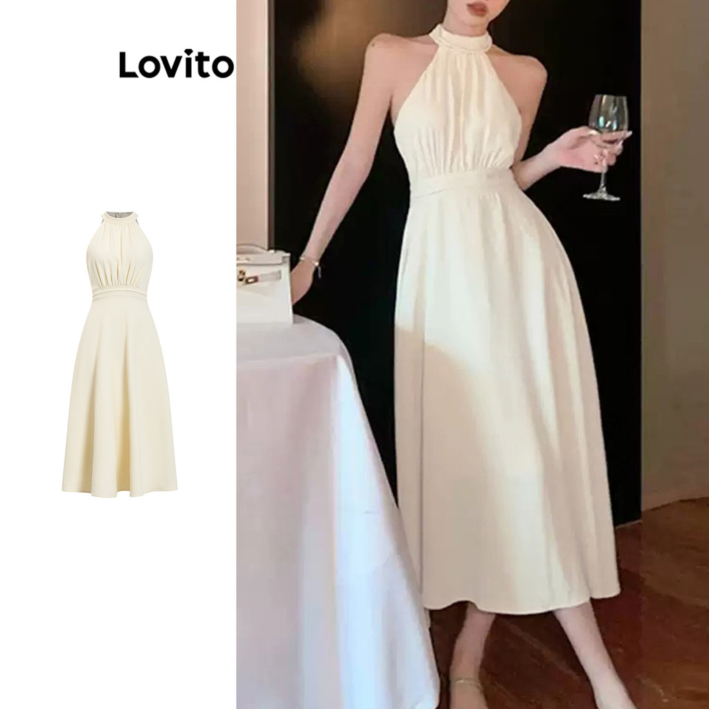 Lovito ชุดเดรสจับจีบไหล่เย็นแบบสบาย ๆ สำหรับผู้หญิง L101AD251