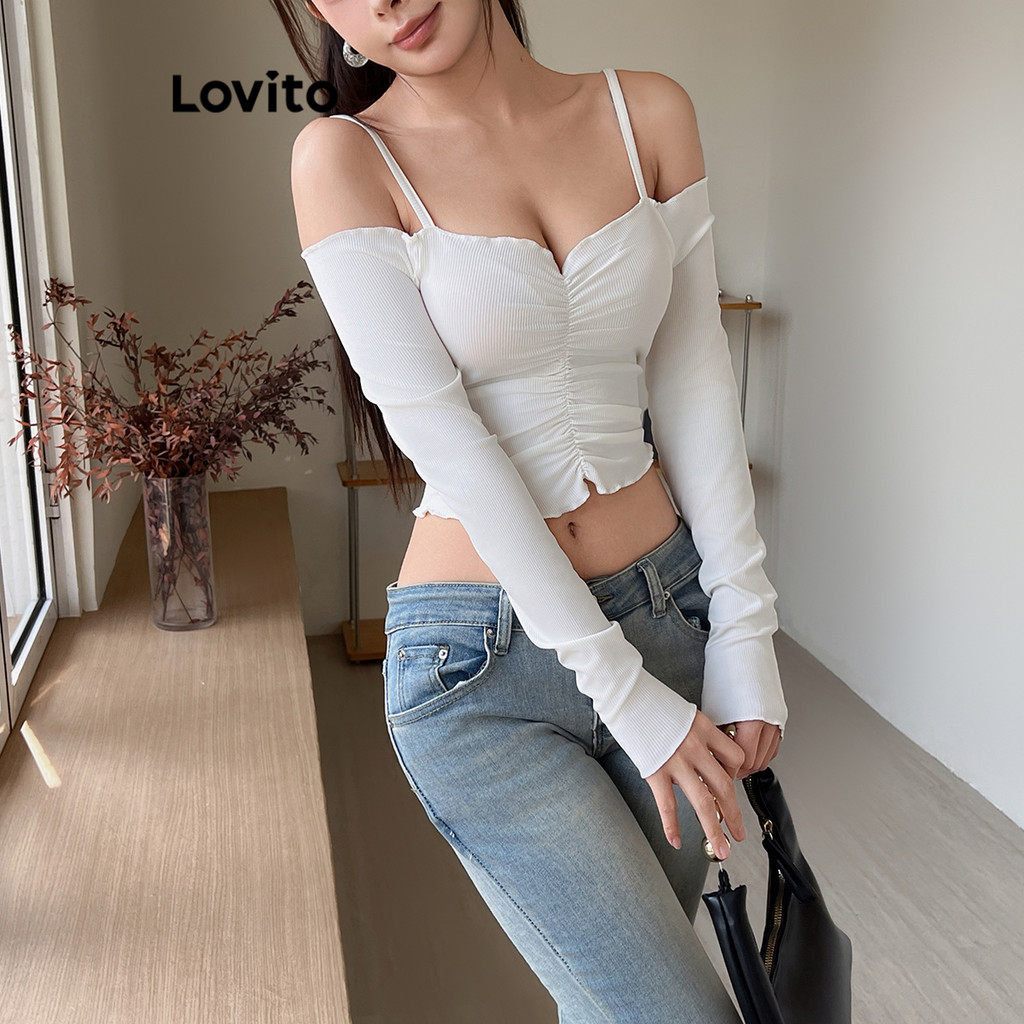 Lovito เสื้อยืดไหล่เย็นสำหรับผู้หญิง L99ED086