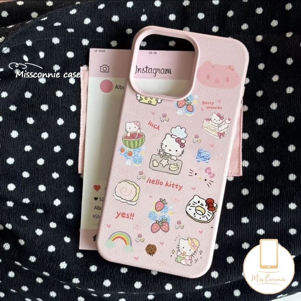 น่ารักการ์ตูน Hello Kitty ดอกไม้เค้กสตรอเบอร์รี่ Rainbow สําหรับ IPhone XR 11 13 15 14 12 16 Pro Max 14 15 16 Plus X XS Max หรูหราผิวรู้สึกหนังเนื้อนุ่มกรณี