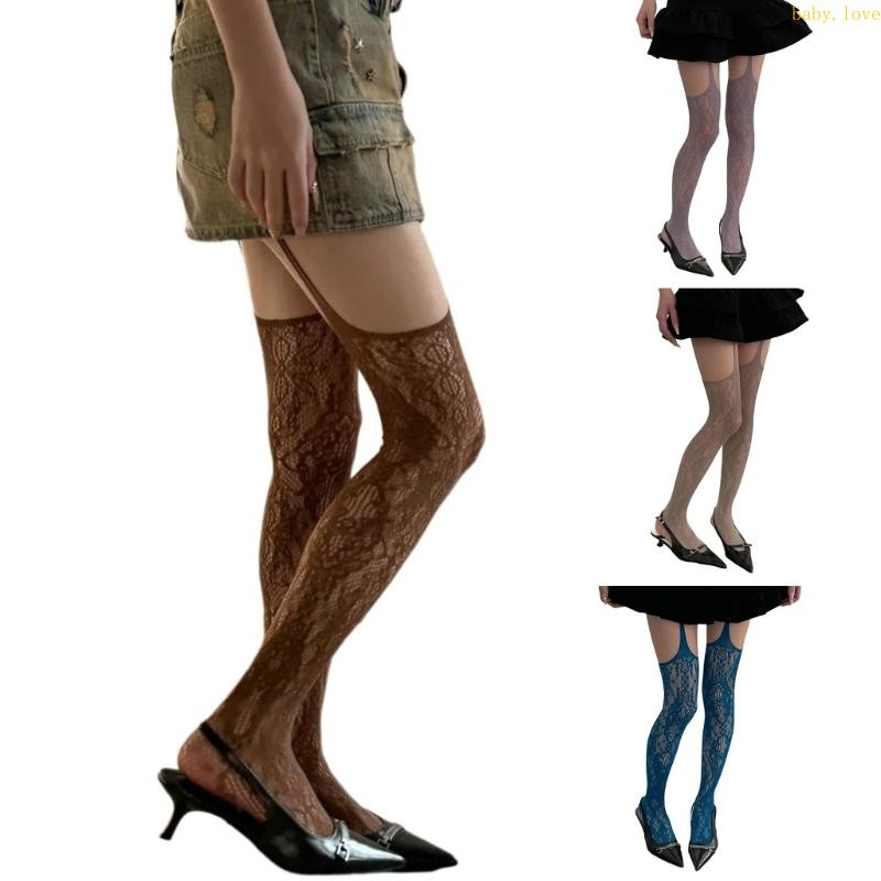 Dasbsug ผู้หญิงสไตล์ญี่ปุ่นดอกไม้รูปแบบ Fishnet Pantyhose Suspender Tights Hollowed สี Garter เข็มขัดต้นขาสต็อก