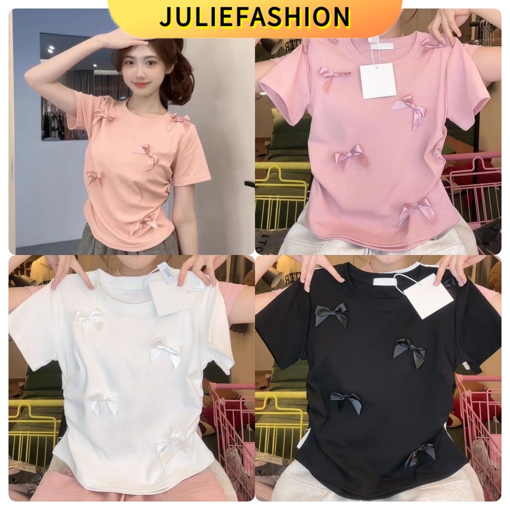 น่ารักโบว์ออกแบบสีชมพูสลิมฟิตแขนสั้นเสื้อยืดด้านบน