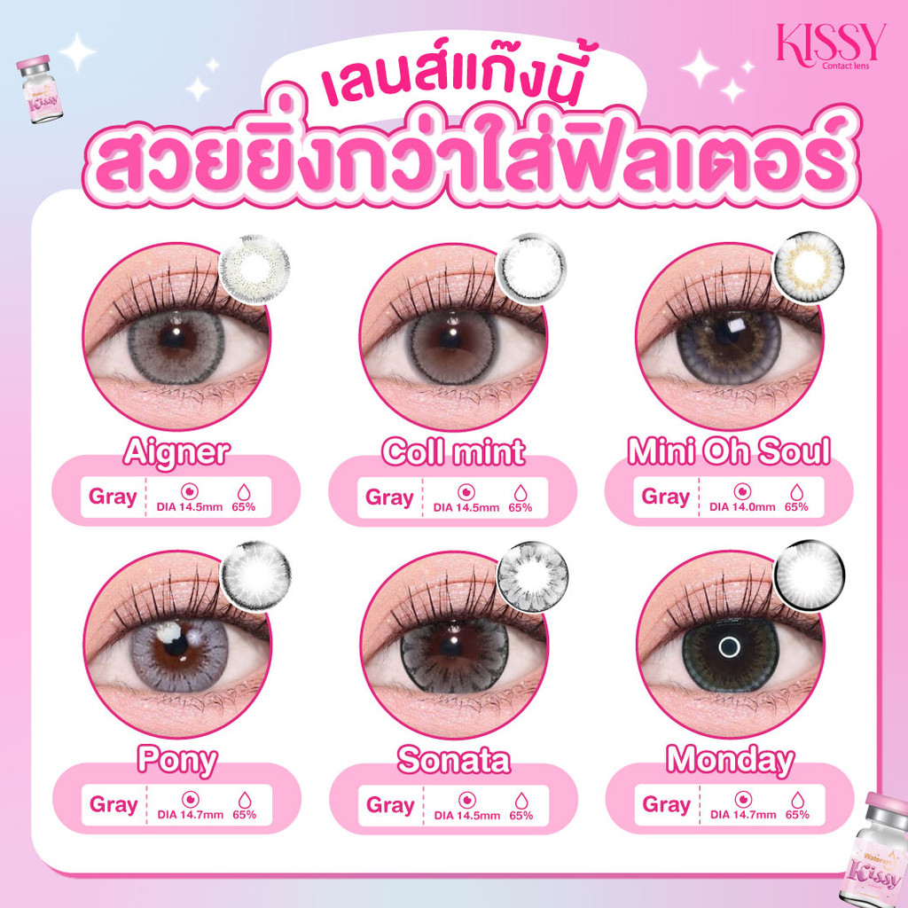🔥รวมคอนแทคเลนส์ สายตาปกติ ❤️KissyLens❤️ : สีเทา (Gray) ค่าอมน้ำ 65%