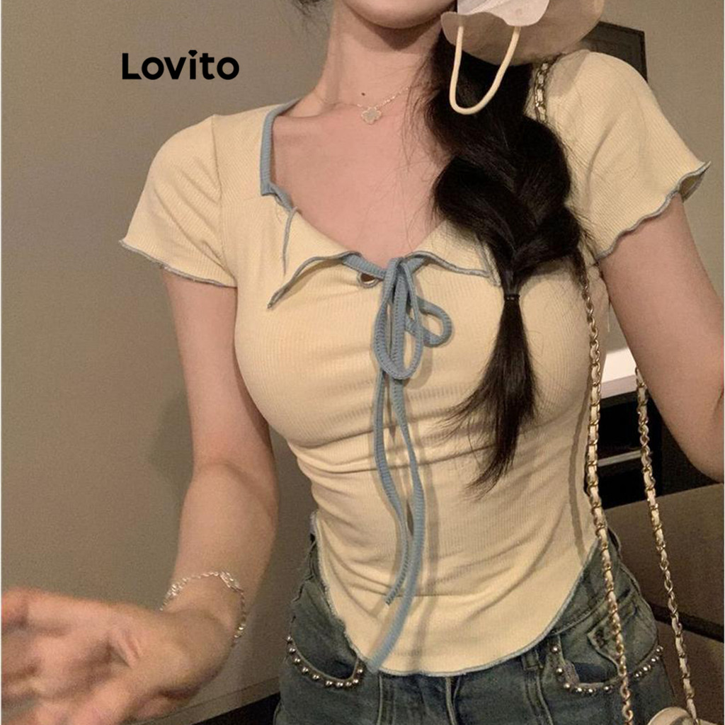 Lovito เสื้อยืดผู้หญิง แต่งโบว์ สีพื้น สไตล์ลำลอง LNA67072