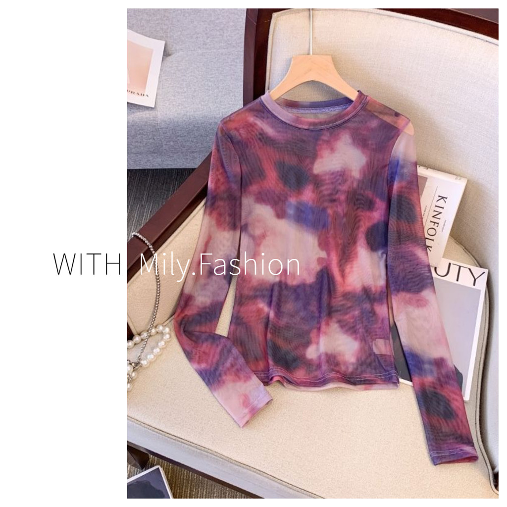 Milyfashion Tie-Dye เสื้อยืดแขนยาวผู้หญิง Slim-fit Slimmer ดูครีมกันแดด B