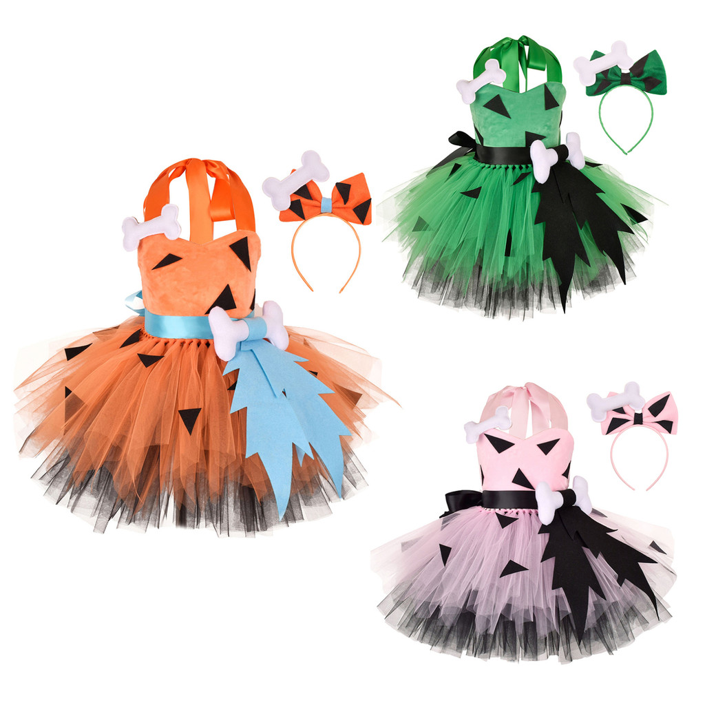 Yhm - เด็กผู้หญิงฮาโลวีน Caveman แต่งตัวและ Bowknot Headwear เครื่องแต่งกาย 3D กระดูกตกแต่ง Tutu ชุด