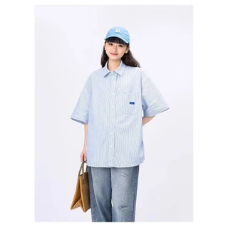 เสื้อเชิ้ตลาย ผู้ชาย คนพาล หล่ออเมริกันย้อนยุคหลวมสบายๆเสื้อแขนสั้นแจ็คเก็ต