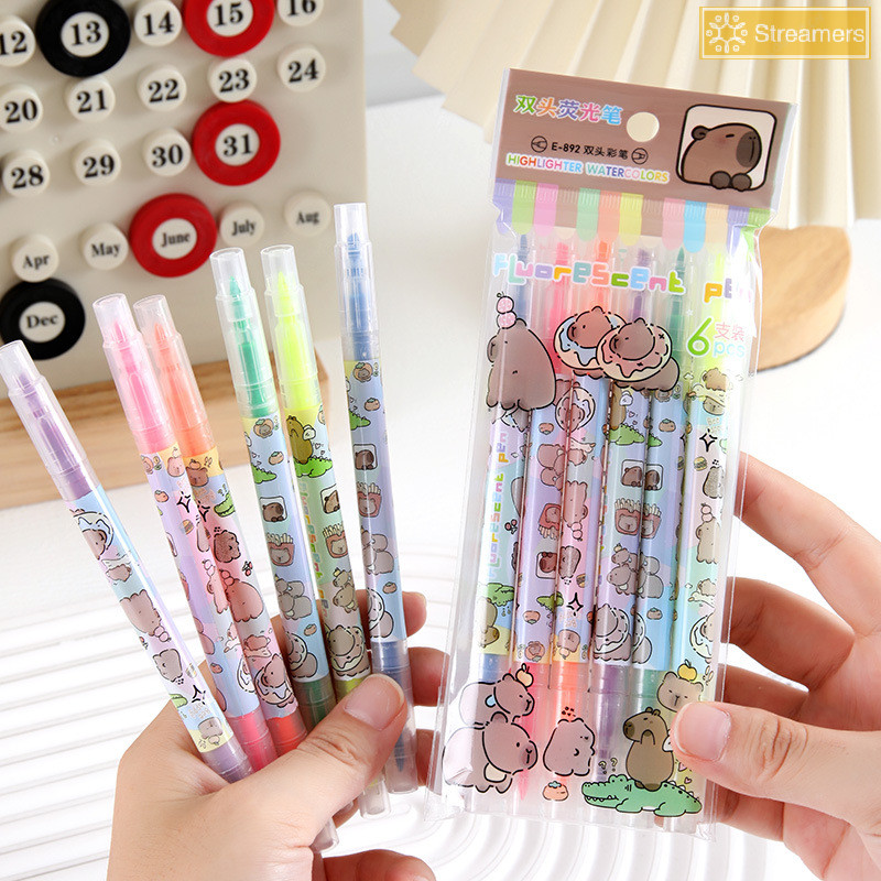 {Streamers} 6 ชิ้นการ์ตูนน่ารัก Capybara Double Headed ปากกาเรืองแสงนักเรียนบัญชีมือ Art Marker ชุดปากกานักเรียนเครื่องเขียนของขวัญใหม่