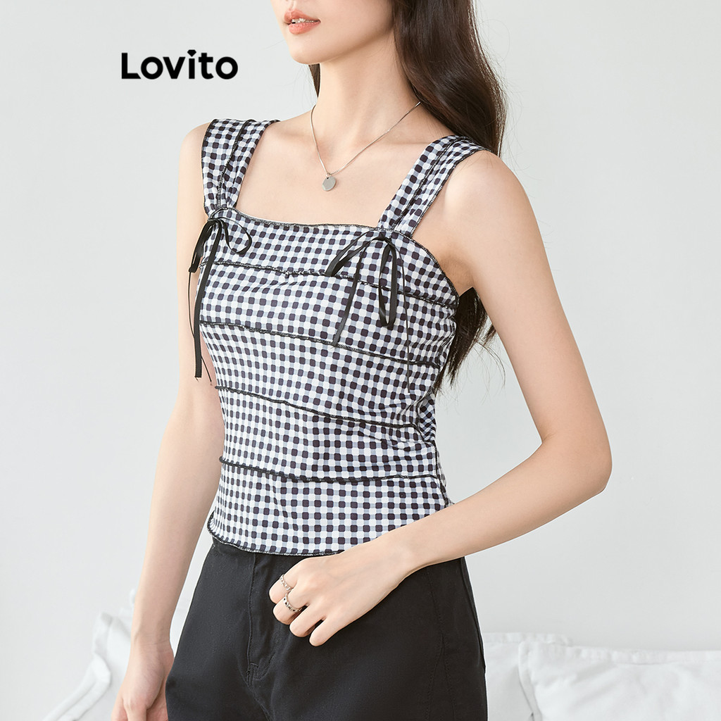 Lovito เสื้อกล้ามชั้นชั้น ลายกิงแฮมBow หรูหราสง่างามสำหรับผู้หญิง L104ED364