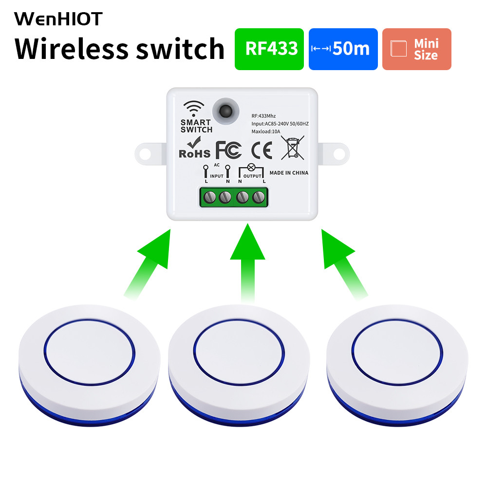 สวิตช์ไร้สายสวิตช์ควบคุมระยะไกล 433MHz Rf สวิตช์ปุ่มกด AC 85-240V 10A โมดูลรับสัญญาณรีเลย์สําหรับโคมไฟ ON OFF Home Appliance