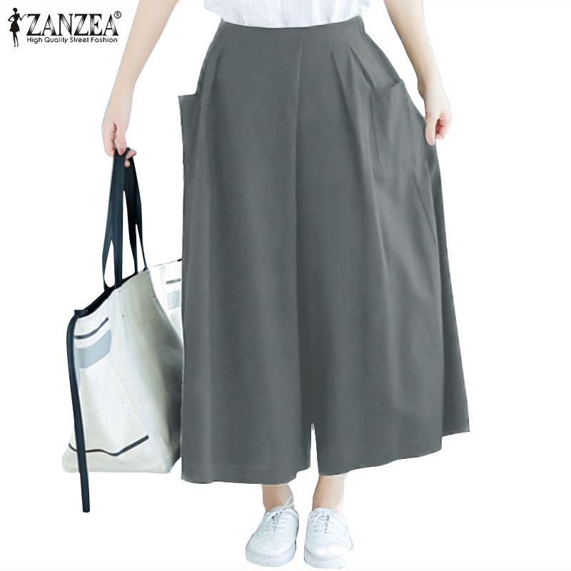 ZANZEA ใส่ ซานเซีย ผู้หญิงเกาหลีทุกวันสีธรรมดาเอวยางยืดหลวมขากว้างกระเป๋ากางเกง