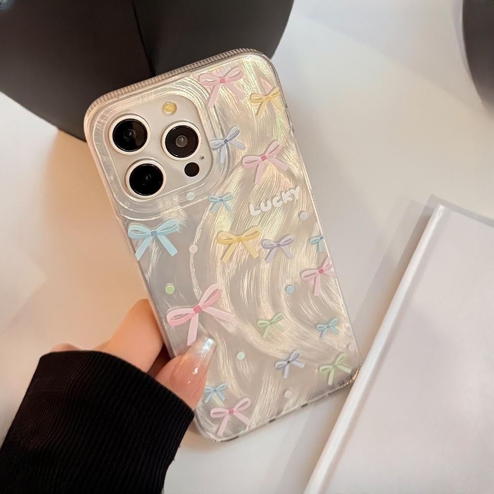 GOOD จากประเทศไทย เคส ไอโฟน เงิน กระแส อ่อนนุ่ม TPU สำหรับ iPhone 11 15 12 14 13 Pro Max 14/15PLUS สี โบว์ การ์ตูน
