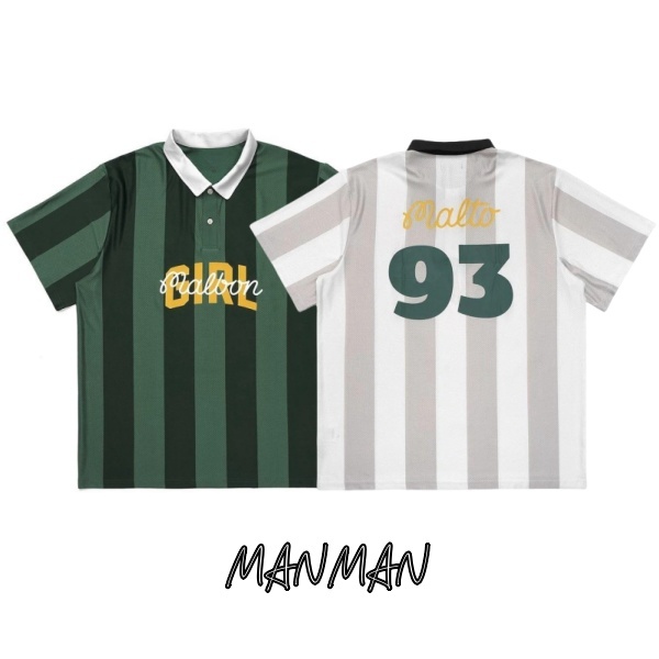 MANMAN เสื้อโปโลผู้ชาย ลายทาง แขนสั้นสำหรับผู้หญิง ปกพับ แบบหลวม ชุดคู่รัก เย็บติดกัน สไตล์อเมริกัน