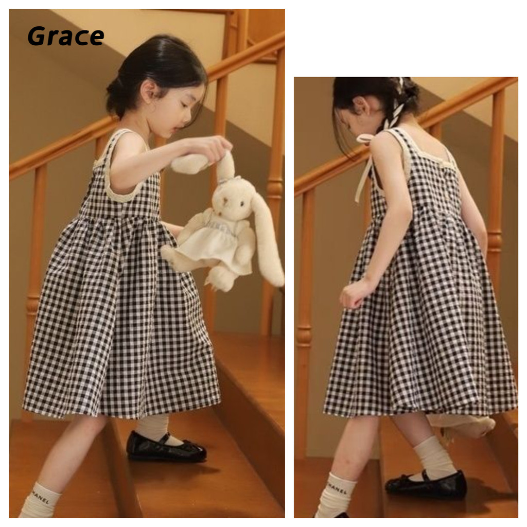 [Grace] 2024 ชุดเดรสเด็กผู้หญิงฤดูร้อนสไตล์ใหม่แฟชั่นลูกไม้ตรวจสอบกระโปรงสาวเจ้าหญิงชุด G99804 #