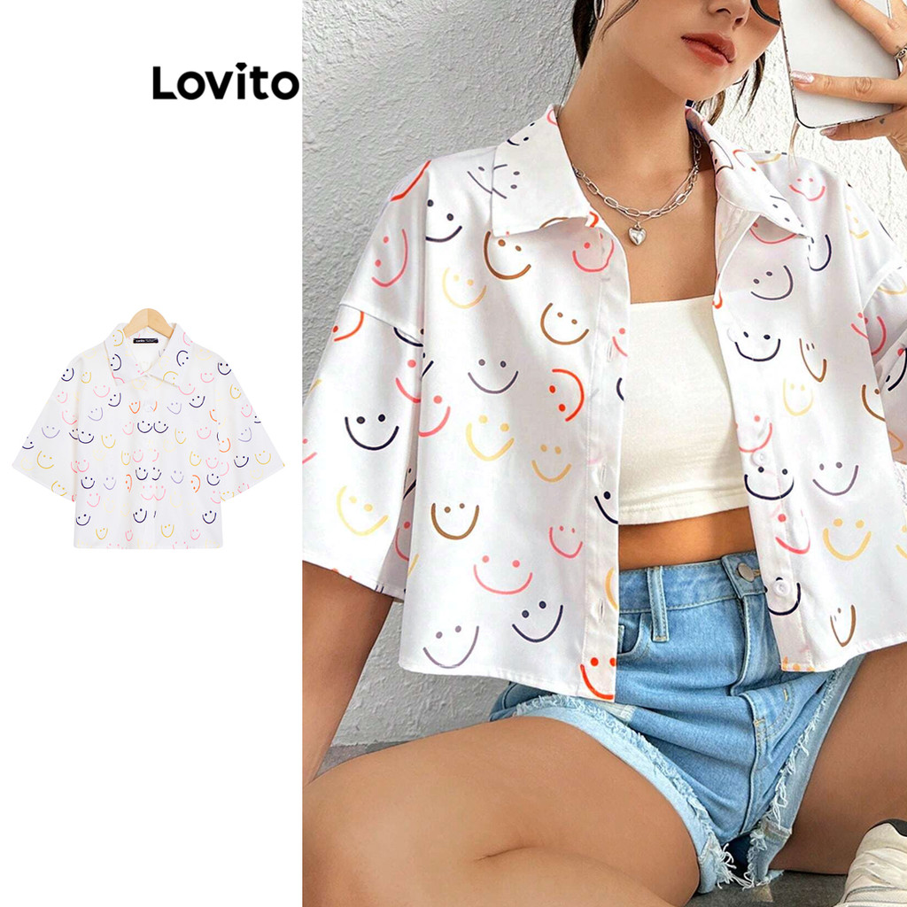 Lovito เสื้อเบลาส์ลายปุ่มรูปสบาย ๆ สำหรับผู้หญิง L106AD179