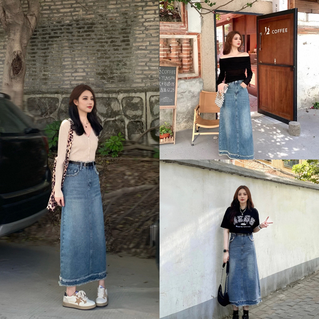 กระโปรงยีนส์ยาวเอวสูง ผ่าหน้าสำหรับผู้หญิง สไตล์เกาหลี ใส่สบายและทันสมัย