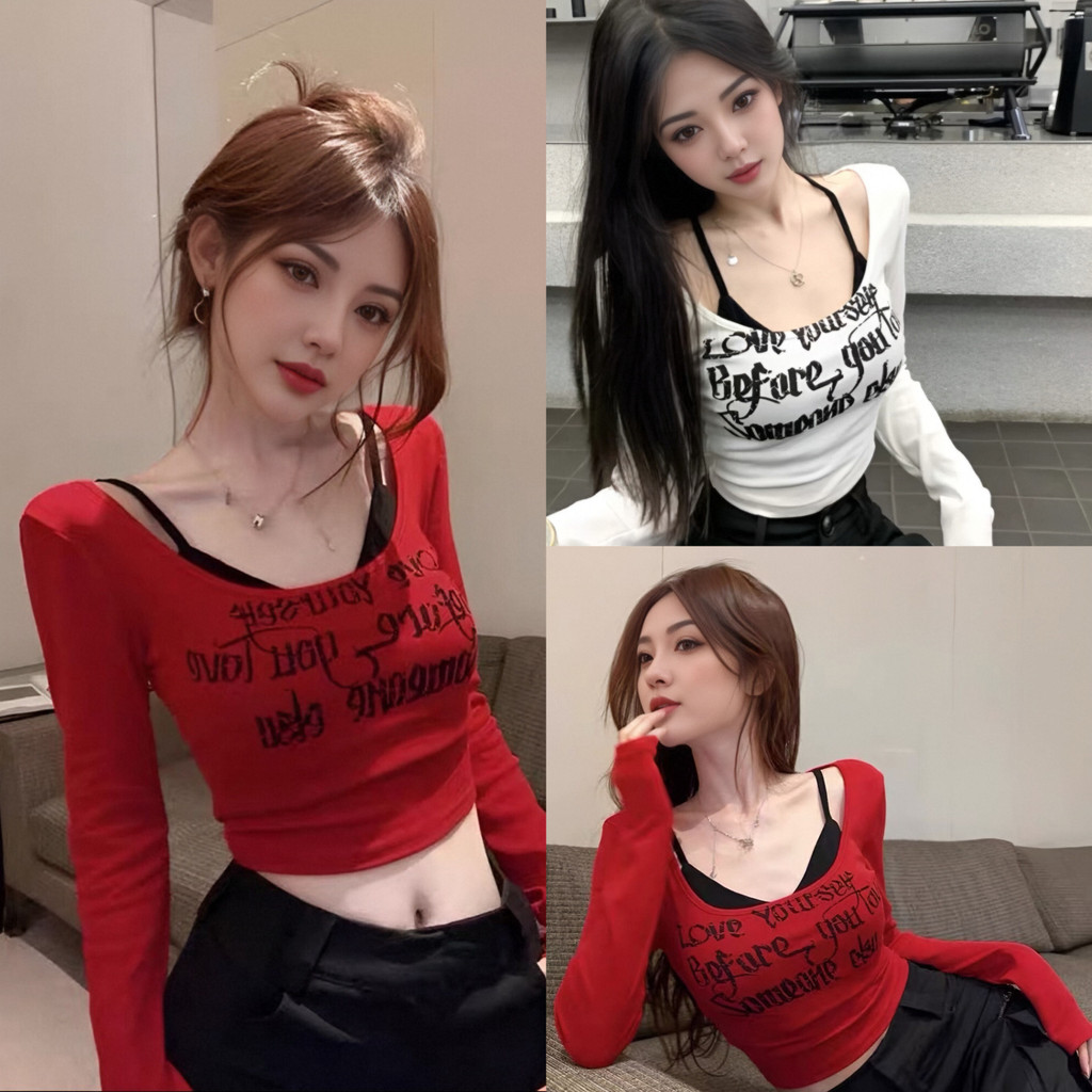 เสื้อยืดแขนยาวผู้หญิงสไตล์โกธิค คอตรงดีไซน์ใหม่ ใส่แล้วเท่และสวย