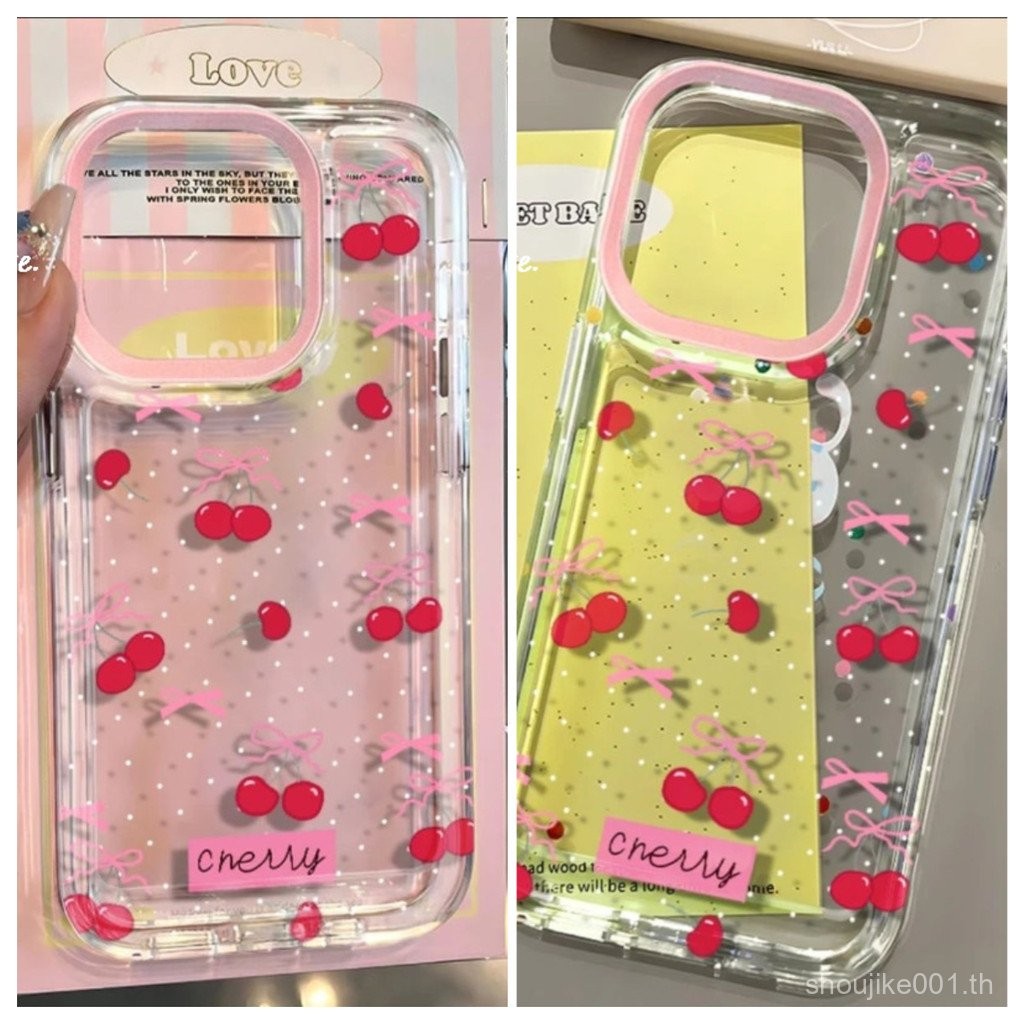 น่ารักการ์ตูนสีชมพูโบว์โบว์เชอร์รี่สดสำหรับ iPhone 15 13 11 16 14 12 PRO MAX XR x XS MAX 7พลัส14 7 8 16 15บวก SE 2020คู่ฝาครอบ