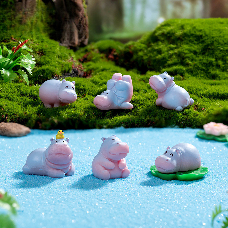 6ชิ้น/เซ็ตการ์ตูนฮิปโปสัตว์ของจิ๋วมินิหุ่นเครื่องประดับเรซินนางฟ้าตกแต่งสวนไมโครภูมิทัศน์