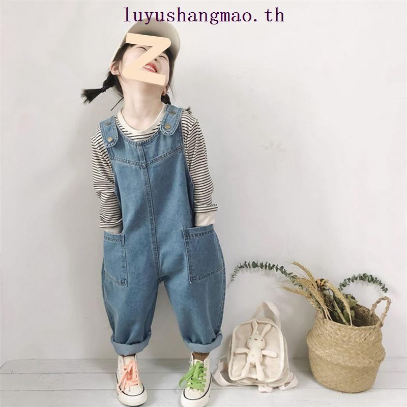 [พร้อมส่ง] ชุดจั๊มสูทกางเกงยีนขายาว เอวสูง ทรงหลวม ลําลอง แฟชั่นสไตล์เกาหลี สําหรับเด็กผู้ชาย และเด็กผู้หญิง