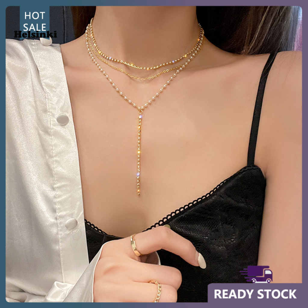 Hls สร้อยคอจี้ Rhinestone สร้อยคอสามชั้นประณีต Multi-Layer Rhinestone Pearl สร้อยคอสําหรับ Prom Part