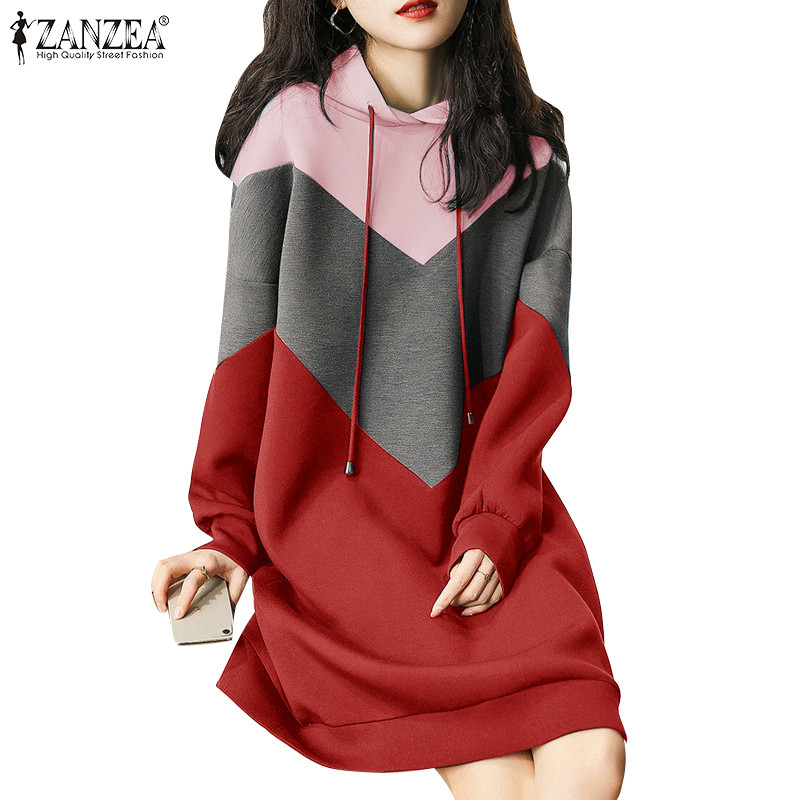 Zanzea ชุดเดรสสเวตเตอร์แขนยาวมีฮู้ดแฟชั่นเกาหลีสําหรับผู้หญิง