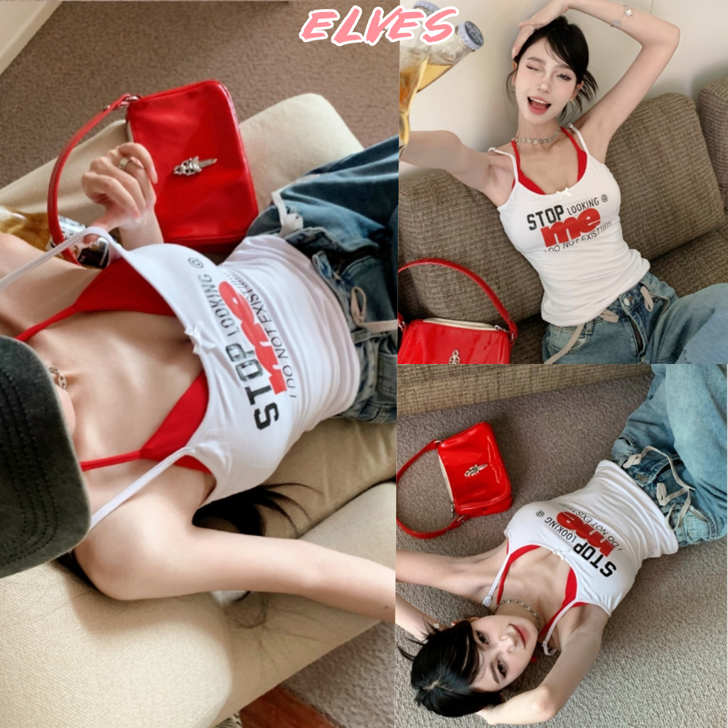 Elves พร้อม เสื้อสายเดี่ยว+บราคาวาอี้ มีฟองน้ำ สีพื้นลายสกีนตัวอักษร สายเดียว "FYS1260"