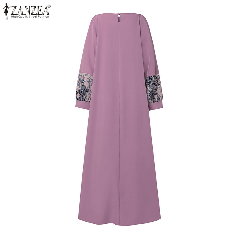 ZANZEA ใส่ ซานเซีย ผู้หญิงมุสลิม โอ-คอ รัฟเฟิล พิมพ์ชุดหลวมแขนยาวสี