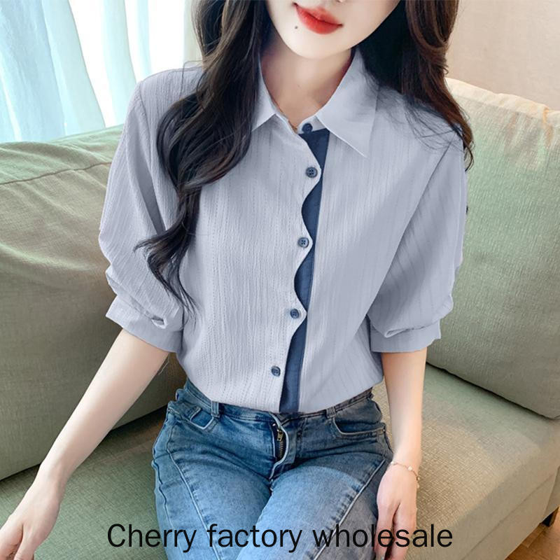 แฟชั่นผู้หญิงสไตล์ใหม่ไม่สม่ําเสมอสี-blocking เสื้อชีฟองหลวมจีบเสื้อแขนสั้นสุภาพสตรีด้านบน