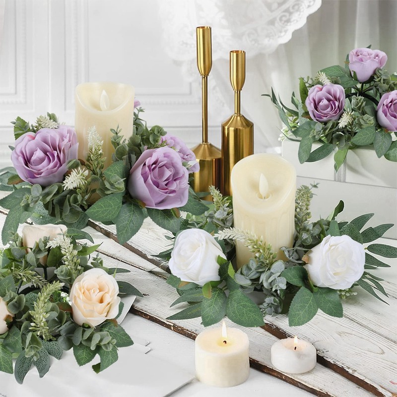 4pcs ประดิษฐ์ Rose ดอกไม้เทียนแหวนพวงหรีดคริสต์มาสเทียนแหวนปลอมดอกกุหลาบดอกไม้งานแต่งงาน Centerpieces สําหรับเทศกาลโต๊ะรับประทานอาหารตกแต่ง Xmas Decor