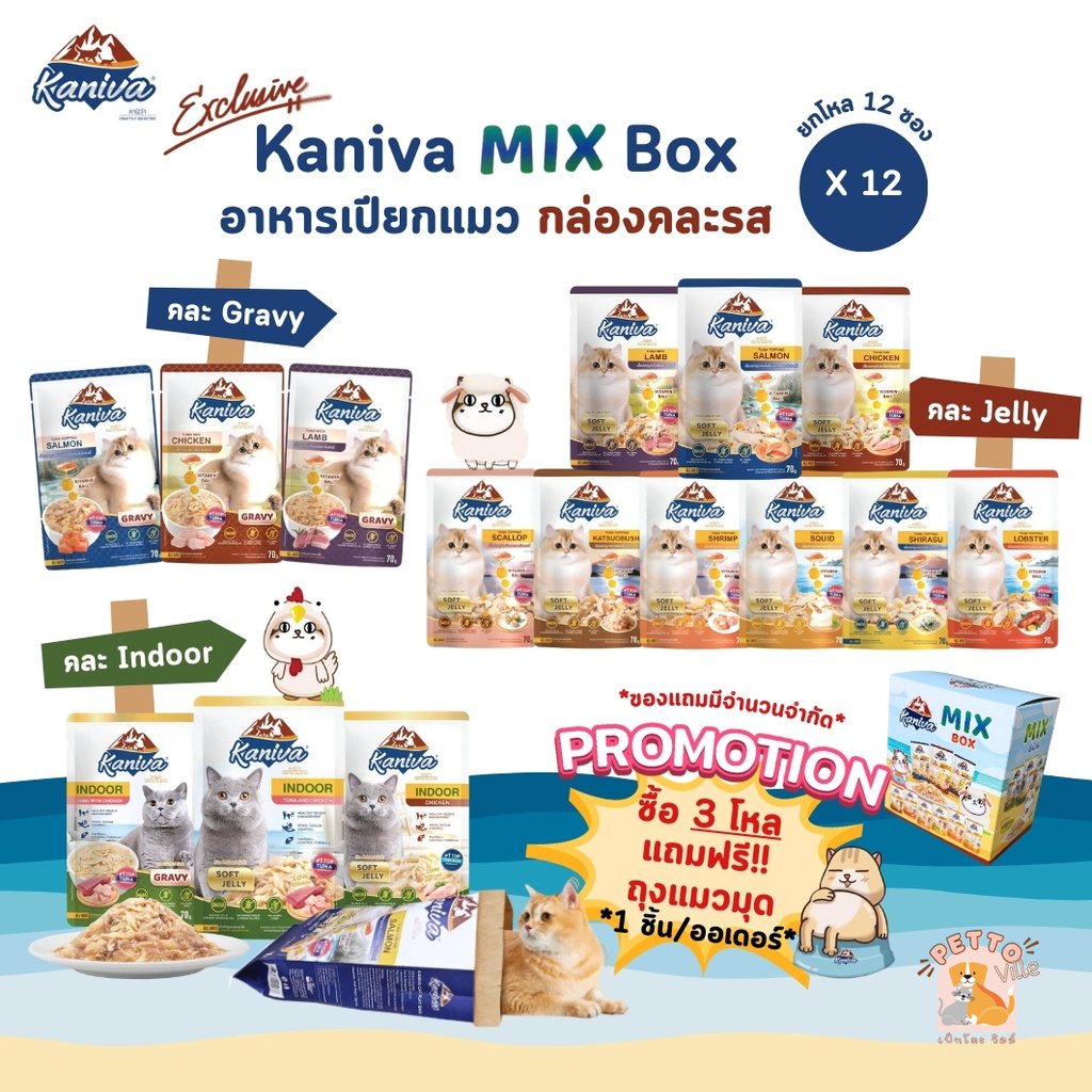 ( 3 โหล แถมฟรี ถุงแมวมุด) Exclusive!! Kaniva Mix Box [12 ซอง] คานิว่าเพาซ์ อาหารเปียกแมว กล่องคละรส ขนาด 70 กรัม