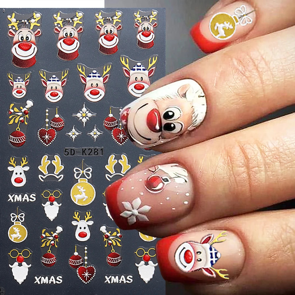 5d การ์ตูนกวางสติ๊กเกอร์ติดเล็บตกแต่งคริสต์มาสน่ารักหมี Penguins Bells ถุงมือเล็บ Sliders ปีใหม่เล็บ Decals NT5D-K281