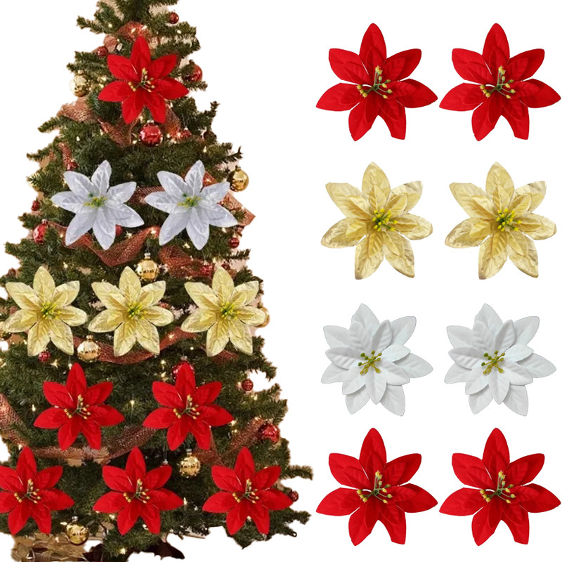 เครื่องประดับต้นคริสต์มาสดอกไม้ประดิษฐ์ Poinsettia บ้านงานแต่งงานอุปกรณ์ตกแต่งโต๊ะ