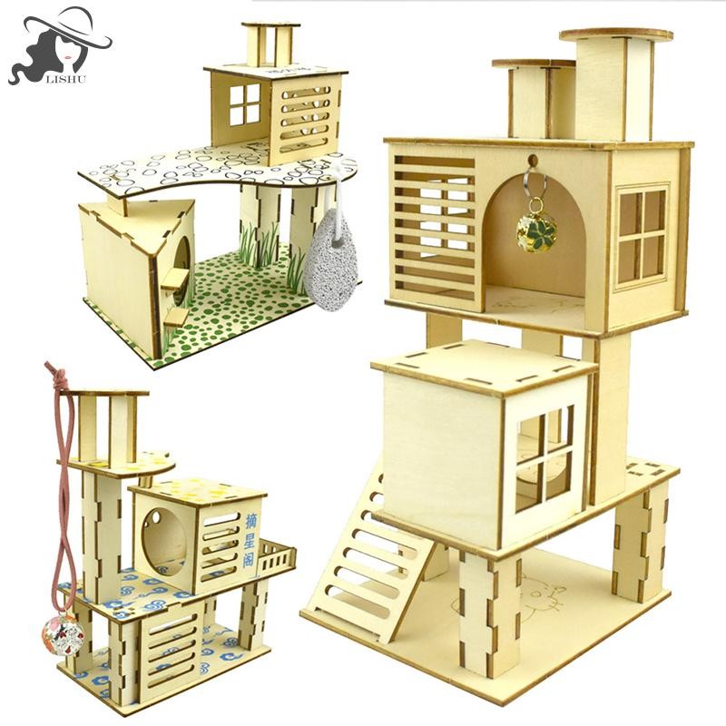Lishu หนูแฮมสเตอร์ Hideout Hut สัตว์เล็ก Multi Story Villa Climbing Decor ของเล่น th
