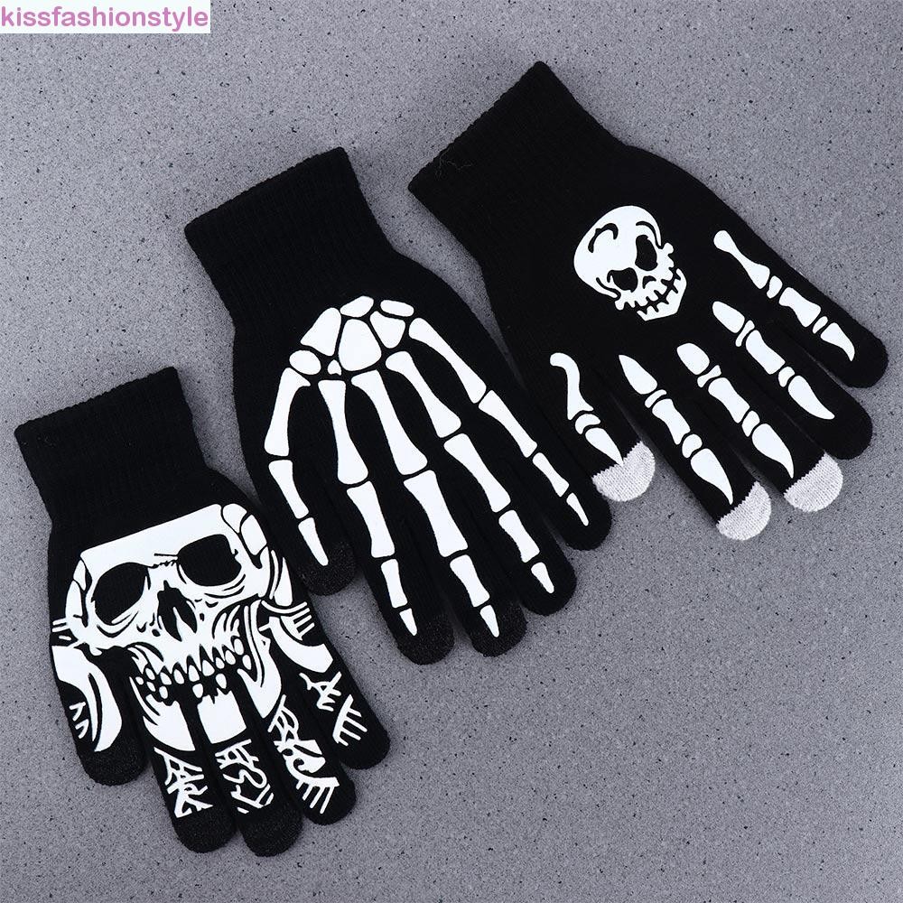 Kissfashionstyle ฮาโลวีน Luminous Mittens เครื่องแต่งกายถุงมือ Cool ที่ไม่ซ้ํากันลื่นอุ่นมือกระดูก Skull กลางแจ้งถุงมือครึ่งนิ้ว