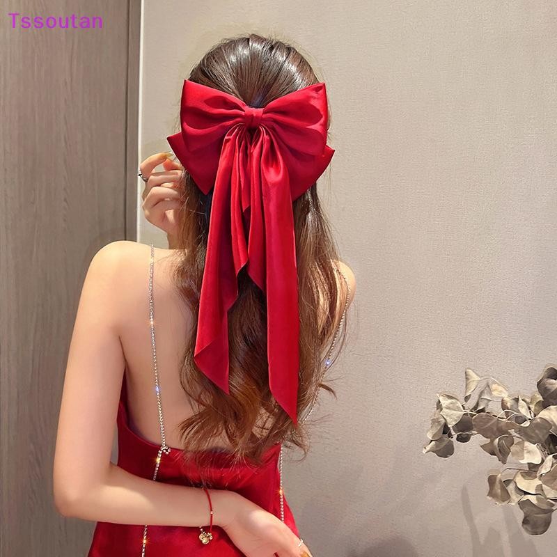 [ทีเอสที] สง่างามลําแสงสีแดงขนาดใหญ่โบว์ริบบิ้นกิ๊บสําหรับผู้หญิงแฟชั่นที่เรียบง่ายแข็งสาหางม้าโบว์กิ๊บสาวอุปกรณ์ผม สีแทน